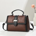 Brown woven crossbody bag with black leather trim and silver metal buckle closure - Coffee