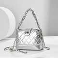 Silver quilted shell bag with metallic chain handle and minimalist crossbody strap - Small / Silver