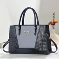 Navy blue faux crocodile skin tote bag with gold logo and dual top handles for women - Blue