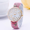 Geneva women's stretch watch with floral print band and rose gold Arabic numeral dial - Rose Gold Case White Dial Rose Red Floral