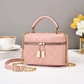 Pink quilted box crossbody bag with gold chain strap and top handle for women - Pink