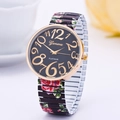 Geneva floral print elastic metal strap watch with rose gold bezel and black dial - Rose Gold Case Black Dial Pink Floral