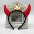 Halloween devil horn headband with red velvet finish and a small golden sequin crown - Red Brushed Fabric Horns + Gold Crown + Black Headband