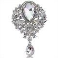 Silver vintage rhinestone brooch with pear-shaped crystal pendant and AB accents - Silver/Transparent/White