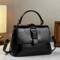 Chic black crocodile embossed top handle bag with gold hardware and shoulder strap - Black