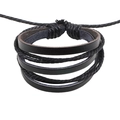 Handmade multi-layer black genuine leather braided bracelet with adjustable knot - Black