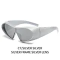 Steampunk futuristic wrap sunglasses with silver textured frame and silver mirror lenses - Silver Frame Silver Mirror Lens