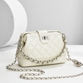 Beige quilted chain tote bag with classic diamond texture and silver rotating metal clasp - Large / White