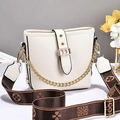 Cream bucket bag in lychee leather with gold chain and vintage floral wide strap - Off-white