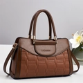 Brown vintage faux leather tote bag with stitch detail and adjustable shoulder strap - Khaki/Earth Yellow