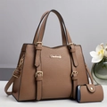 Brown litchi leather Boston bag with mini pouch and gold hardware set for women - Khaki