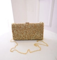 Sparkling gold glitter evening clutch bag with rectangular metal frame and chain strap - Gold