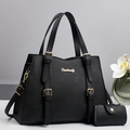 Classic black faux leather tote bag with gold belt detail and matching small wallet - Black