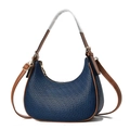Navy blue moon-shaped hobo bag with H-pattern texture and brown leather straps - Blue