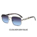 Retro square sunglasses with silver frame, gray-blue gradient lenses and leopard temples - Silver Frame Gray Blue Lens (C5)