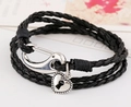 Multi-layer black braided leather bracelet featuring silver heart lock pendant and clasp - Black