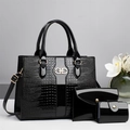 Black crocodile embossed patent leather tote bag with 3-piece set and gold buckle - Black