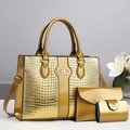 Three-piece golden shoulder bag set with crocodile pattern and metallic logo buckle - Gold