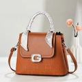 Caramel brown leather handbag with rhinestone G buckle and silk scarf wrapped handle - Earthy Yellow