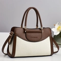 Detail of two-tone leather handbag showing fashion embossing and gold-tone hardware - White