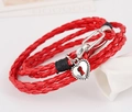 Braided red leather multi-layer bracelet featuring a silver heart lock charm and clasp - Red