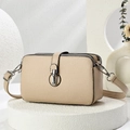 Detail of beige litchi grain leather crossbody bag with three zippers and metal buckle - Khaki