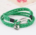 Green woven leather multi-layer bracelet featuring a silver heart lock pendant - Green