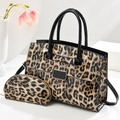Brown leopard print glossy patent leather tote bag with small matching pouch set - Khaki Leopard