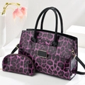 Fashionable purple leopard print handbag set with matching zipper pouch and crossbody strap - Purple Leopard