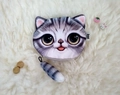 Cartoon silver tabby cat head coin purse with realistic 3D ears and fuzzy plush tail charm - Grey Tail Cat / Gray