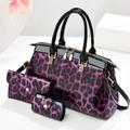 Three-piece purple leopard print handbag set including boston bag, clutch and card holder - Purple Leopard