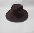 Detailed view of deep brown wool felt jazz fedora with matching silk ribbon band - Coffee