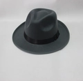 Close-up of a wide-brim dark grey wool jazz hat with a classic black ribbon decoration - Gray
