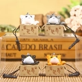 Detail of four colorful 3D cat keychains in miniature boxes with lanyards on wood - Dust Plug with String / Seeking Adoption Cat