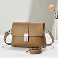 Brown lychee pattern crossbody bag with silver magnetic buckle and adjustable strap - Dark Khaki