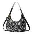 Hobo shoulder bag with black and white geometric diamond pattern and leather strap - Black White Grey Geometric Diamond Pattern (Style 1)