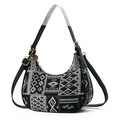 Black and white geometric jacquard hobo shoulder bag with black leather straps - Ethnic Geometric Pattern (Style 2)