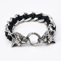 Pulsera para hombre de acero de titanio 316L con cuero negro y dos cabezas de lobo plata - 21.5cm / Color Acero
