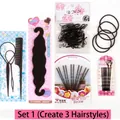 Black hair styling tool kit with comb, hair pull needles, ties and clips on white background - Set 1 (7-Piece) / Black