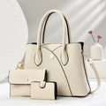 Chic 3-piece cream tote bag set with woven V-pattern, gold hardware and shoulder strap - Off White
