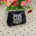 Vintage black PU leather coin purse with white owl print and silver metal clasp - Owl