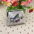 Vintage PU leather coin purse with blue kingfisher print and silver metal clasp - Bird