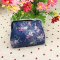 Navy blue PU leather coin purse with floral print and classic metal kiss-lock closure - Blue Floral