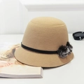 Elegant camel wool felt bucket hat with black decorative belt and fluffy fur pom-poms - Camel