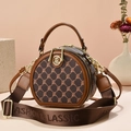 Classic round brown monogram crossbody bag with dual zippers and wide woven strap - Coffee & Mustard Yellow