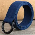 Dark blue woven canvas belt featuring a sleek black double D-ring metal buckle closure - Dark Blue / 120cm
