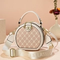 Pink circular crossbody bag with logo pattern and wide lettered strap - Beige and Khaki
