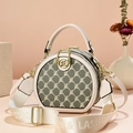 Classic round crossbody bag in beige leather and dark monogram canvas with dual straps - Creamy White & Green