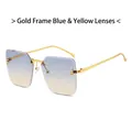 Randlose quadratische Sonnenbrille mit Goldmetallbügeln und blau-gelbem Verlauf - Goldener Rahmen Blau-Gelb Verlaufsgläser