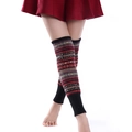 Detail of colorful bohemian knit leg warmers with vintage geometric patterns and ribbed cuffs - One Size / Black Base